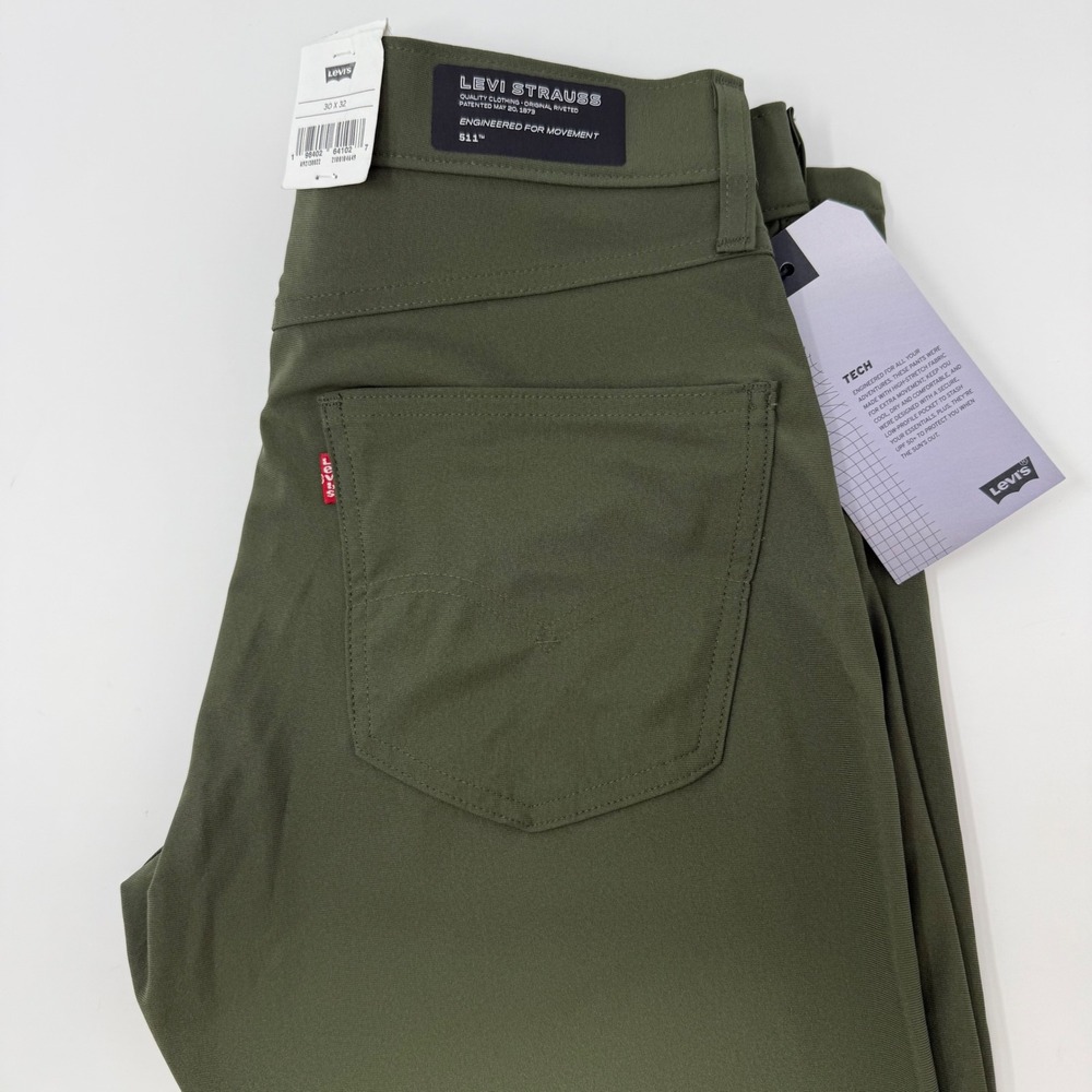 Levis 511 Slim Tech Pants Mens 30x32 Olive Green Stretch Cooling A92130022 NEW